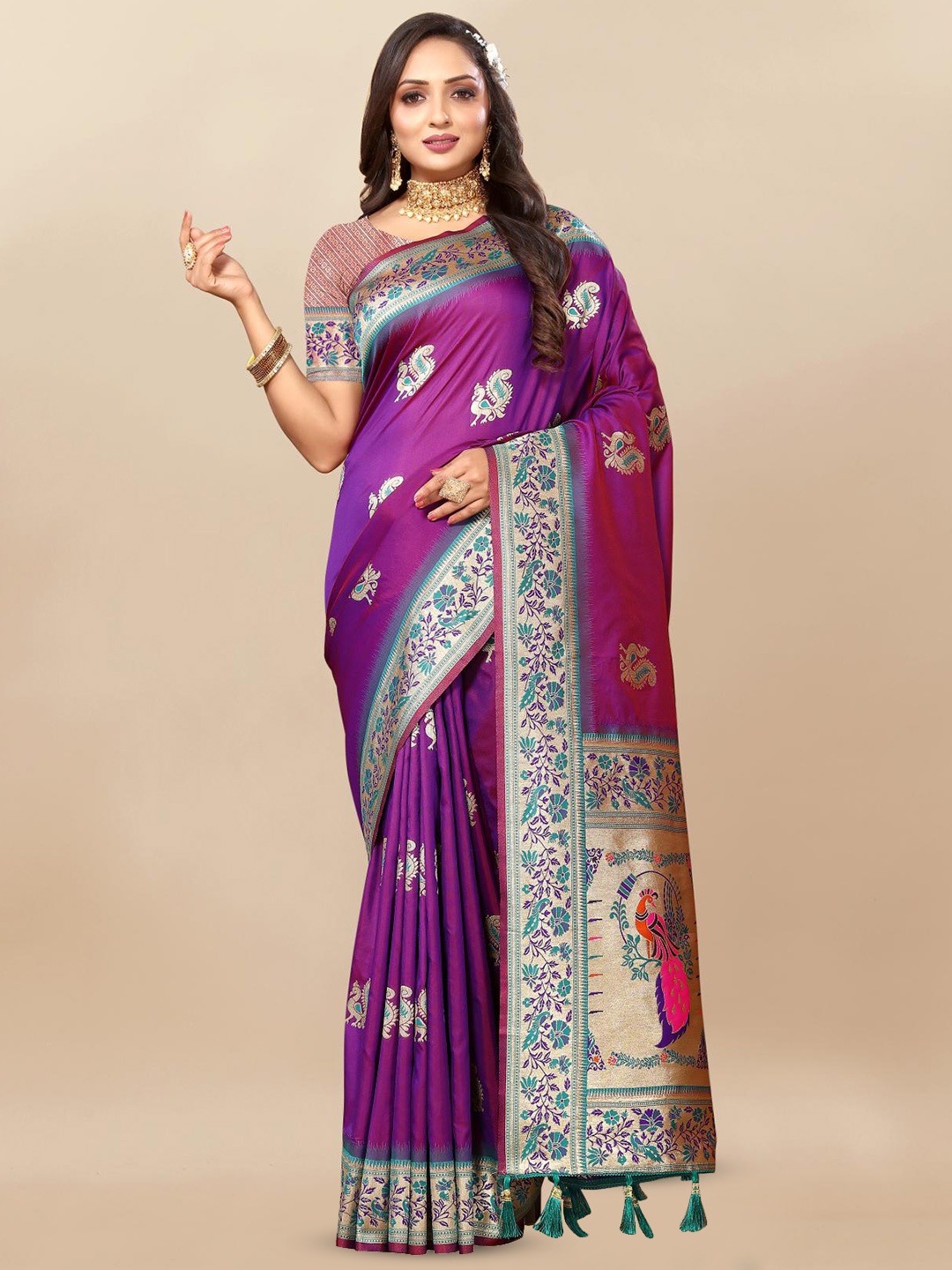 

PATIALAPICKS Woven Design Zari Pure Silk Paithani Saree, Purple