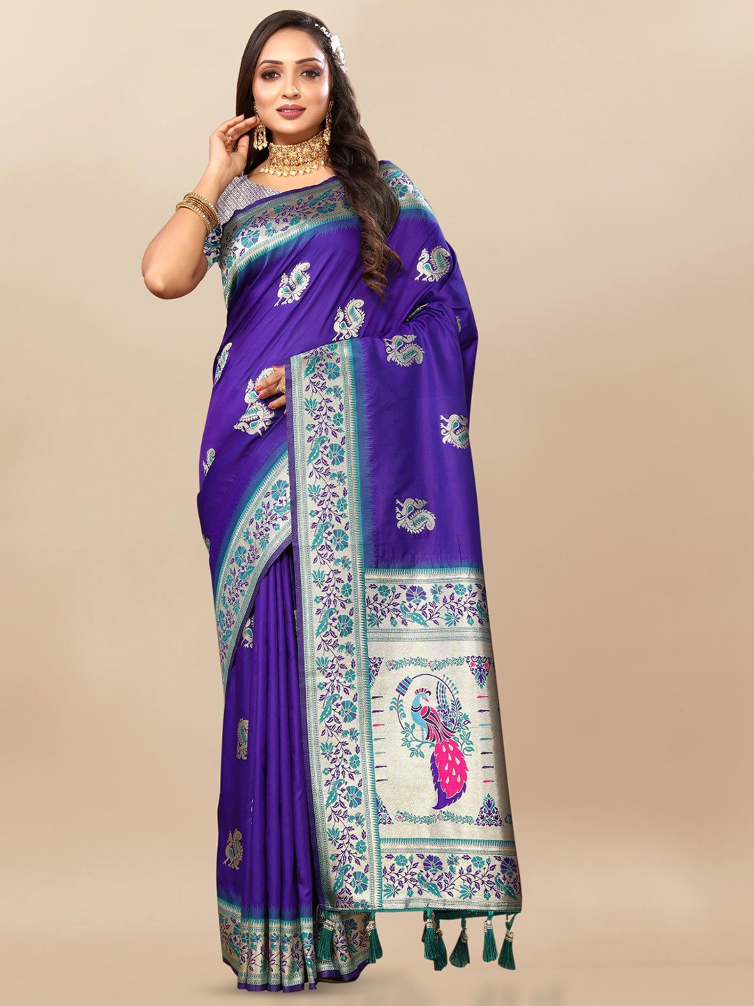 

PATIALAPICKS Ethnic Motifs Woven Design Zari Pure Silk Paithani Saree, Blue