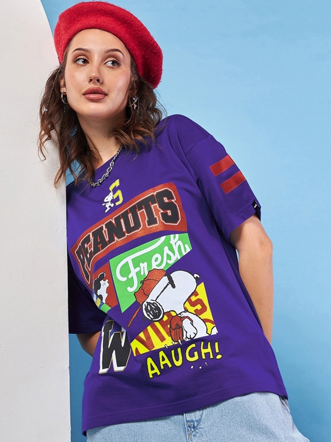 

Bewakoof Heavy Duty Peanuts Printed Drop-Shoulder Sleeves Cotton Oversized T-shirt, Blue
