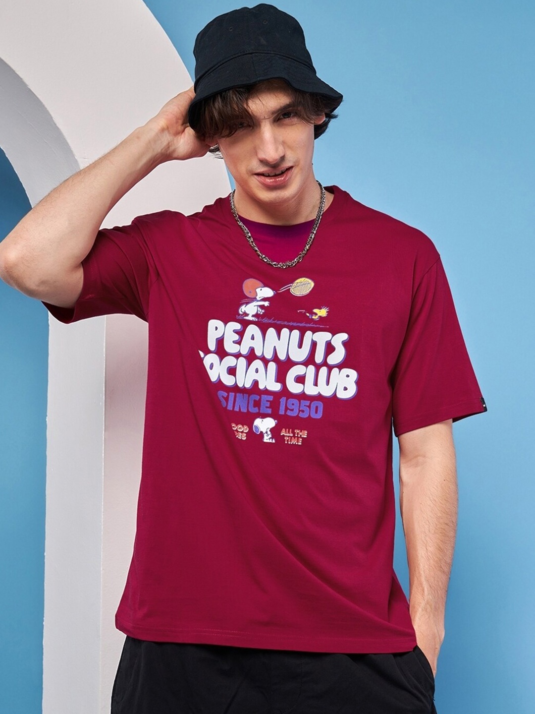 

Bewakoof Red Peanuts Printed Drop-Shoulder Sleeves Oversized Pure Cotton T-shirt