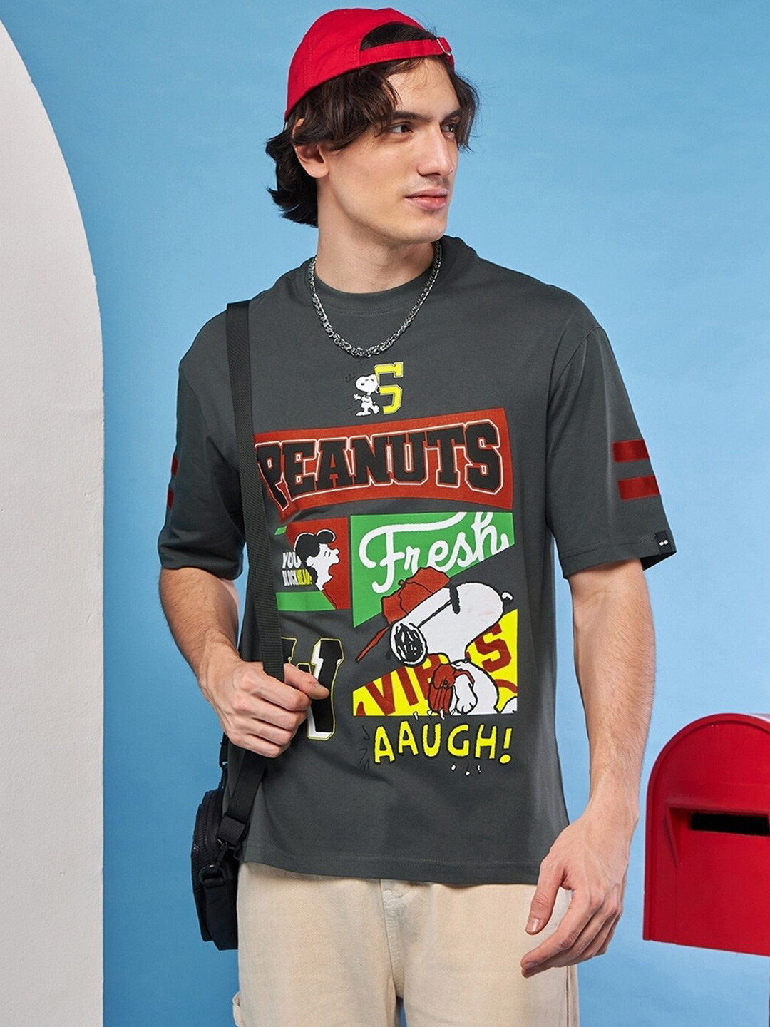 

Bewakoof Grey Peanuts Printed Drop-Shoulder Sleeves Oversized Pure Cotton T-shirt