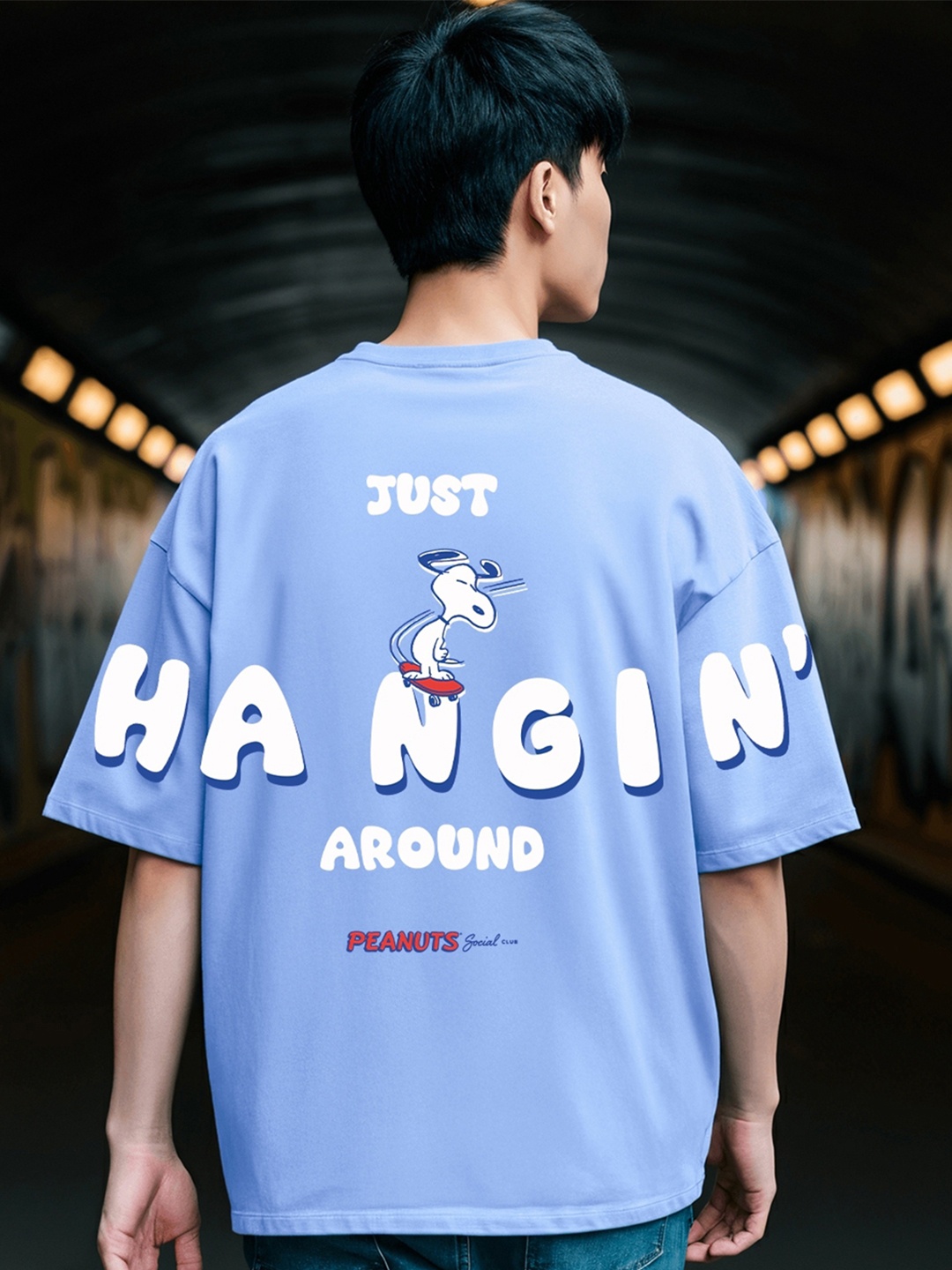 

Bewakoof Blue Peanuts Printed Drop-Shoulder Sleeves Oversized Pure Cotton T-shirt