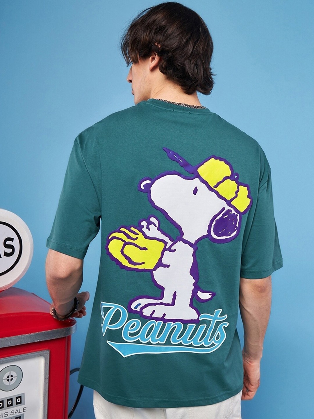 

Bewakoof Green Peanuts Printed Drop-Shoulder Sleeves Oversized Pure Cotton T-shirt