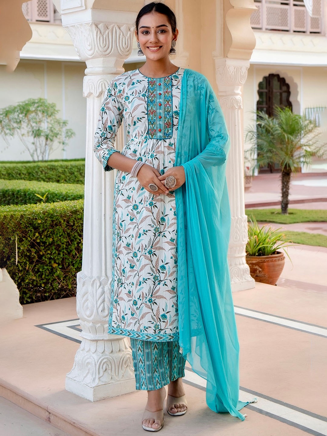 

Kohsh Floral Printed Thread Work Pure Cotton Straight Kurta With Trousers & Dupatta, White