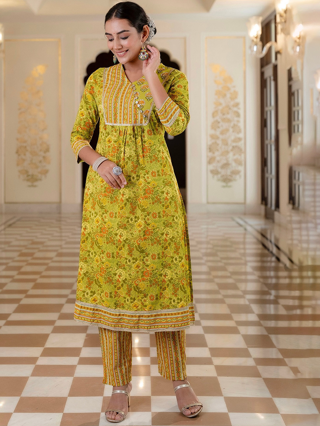 

Kohsh Floral Printed Regular Beads And Stones Pure Cotton A-Line Kurta With Trousers, Green