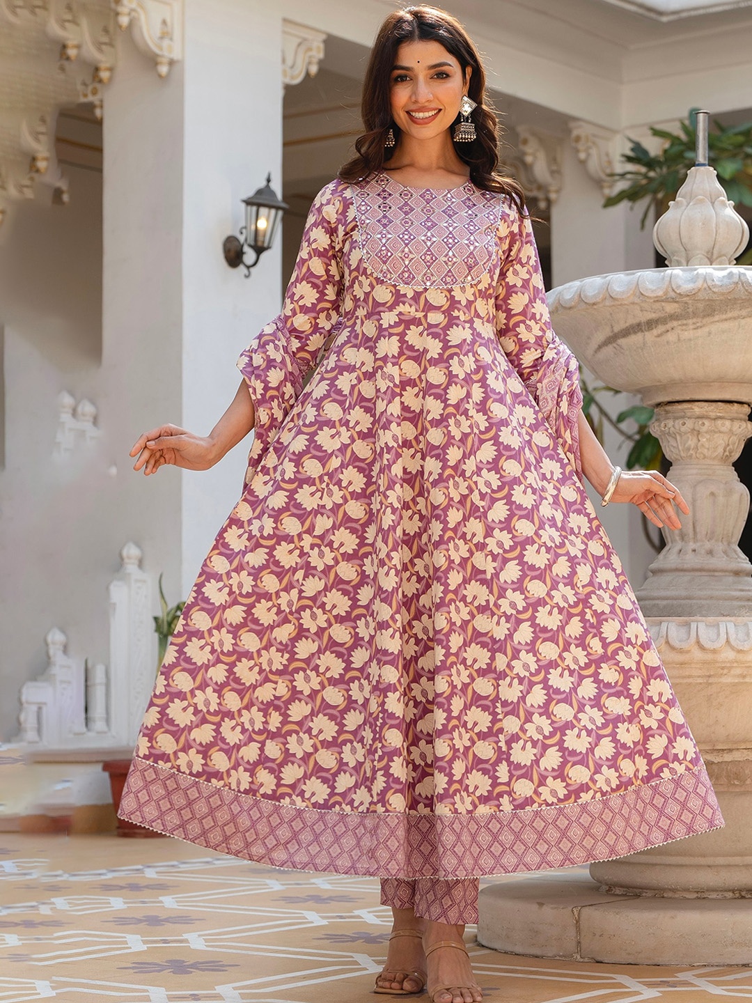 

Kohsh Floral Printed Mirror Work Pure Cotton Anarkali Kurta With Trousers & Dupatta, Purple