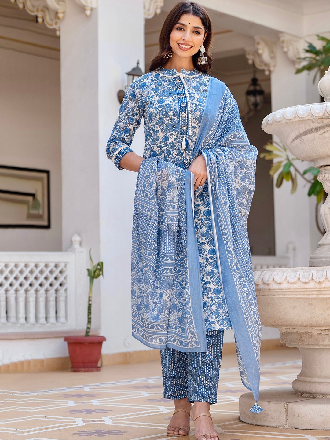 

Kohsh Floral Printed Beads And Stones Pure Cotton Straight Kurta With Trousers & Dupatta, Blue