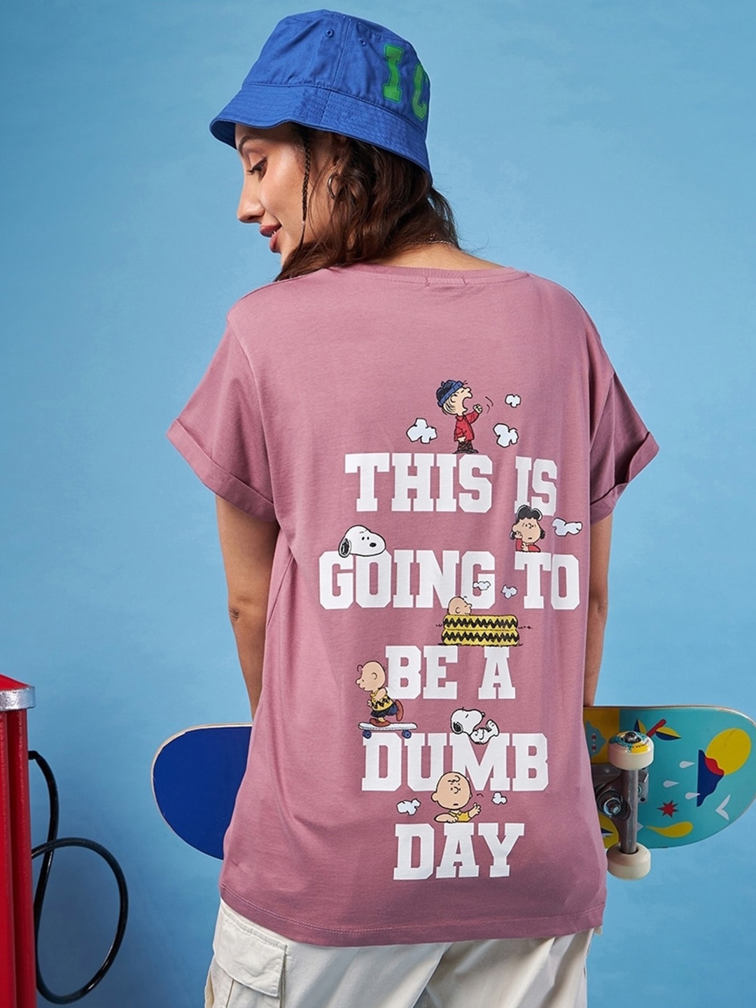

Bewakoof Purple Peanuts Printed Drop-Shoulder Relaxed Fit Boyfriend Pure Cotton T-shirt