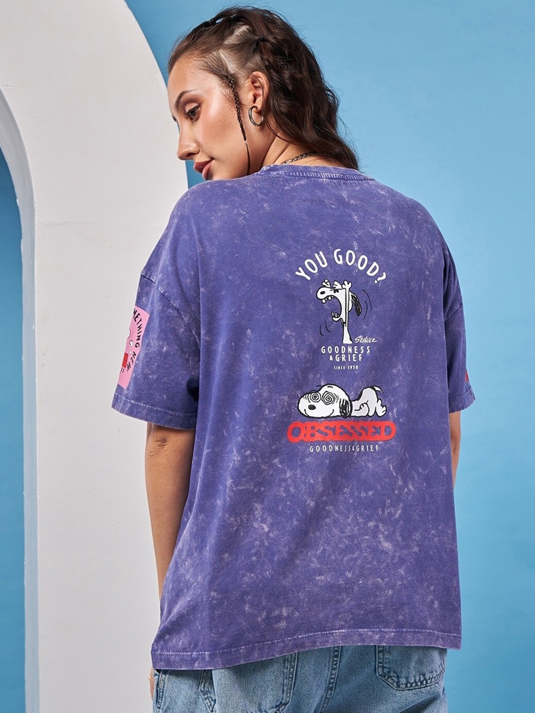 

Bewakoof Blue Peanuts Printed Drop-Shoulder Sleeves Oversized Pure Cotton T-shirt