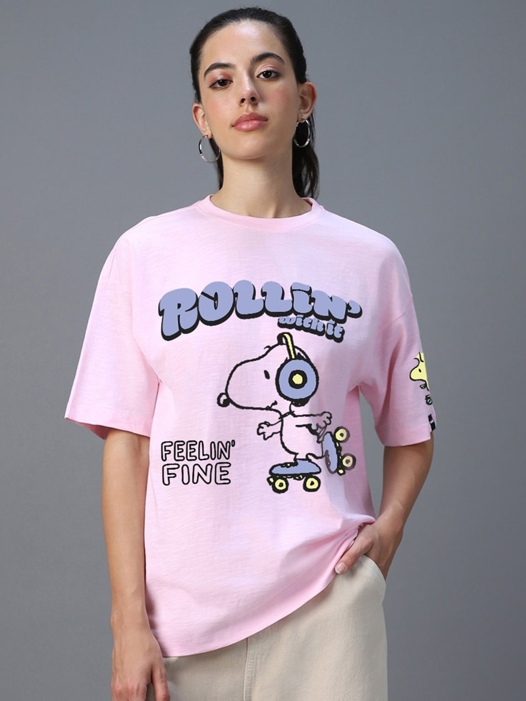 Bewakoof Air 1.0 Women Pink Rollin Withit Graphic Printed Oversized T-shirt