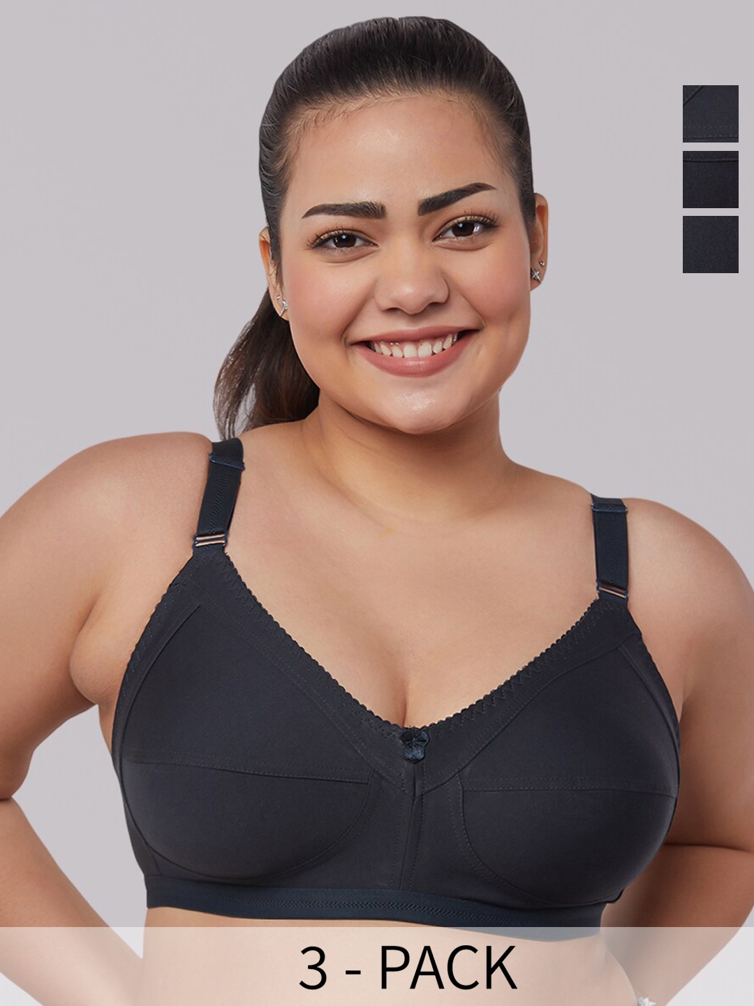 

MAASHIE Pack of 3 Non Padded Everyday Minimizer Bra CHR-CHR-CHR, Charcoal