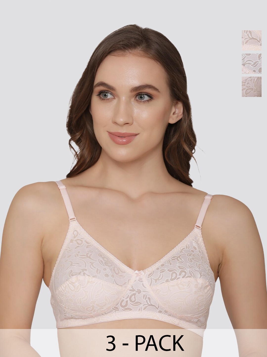 

Kalyani Snow Waves Pack of 3 Floral Self Printed Everyday Bra PCH-PCH-PCH, Peach