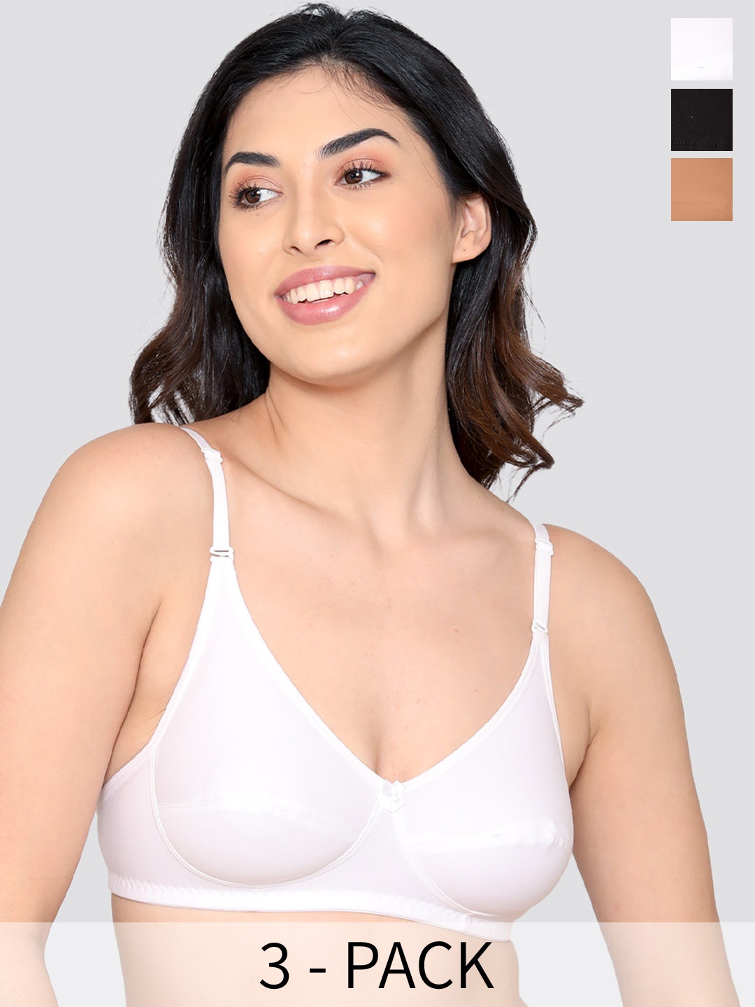 

Kalyani Wamika Pack of 3 Non Padded Cotton Bra BLK-CML-WHT, Black
