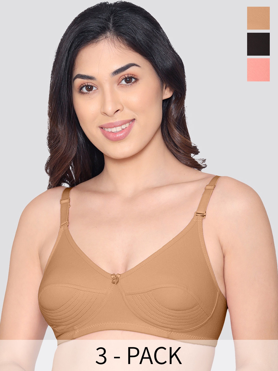 

Kalyani Pranika Pack of 3 Full Coverage Side Stitching Everyday Bra BLK-ND-RSE, Black
