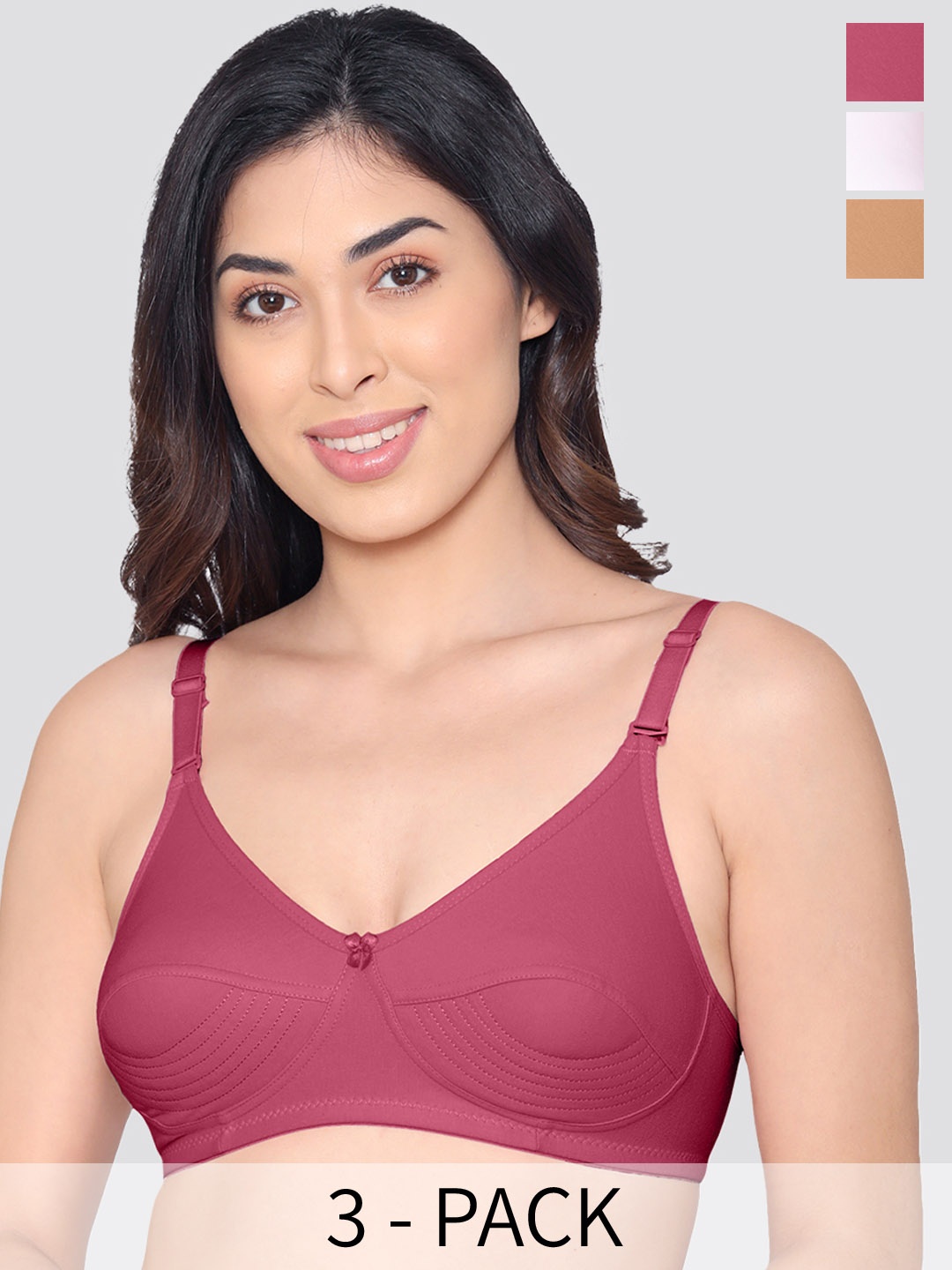 

Kalyani Pranika Pack of 3 Full Coverage Side Stitching Everyday Bra ND-WHT- RBUD, Beige