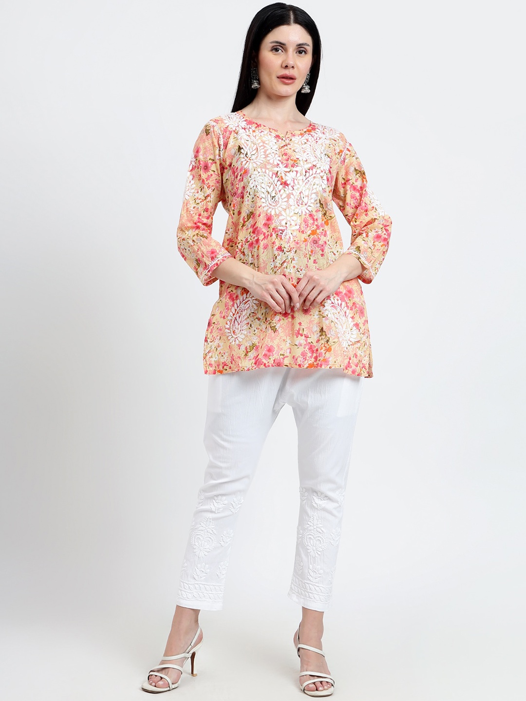

Rosecloud Ethnic Motifs Embroidered Round Neck Thread Work Kurti with Trousers, Coral