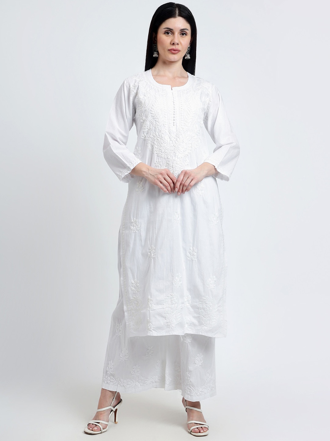 

Rosecloud Ethnic Motifs Embroidered Straight Kurta with Palazzos, White