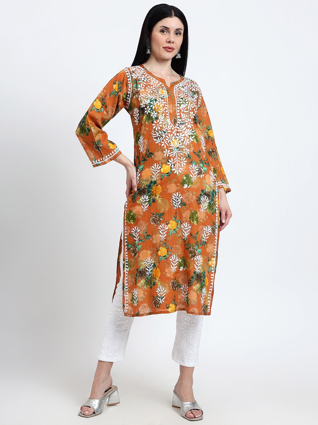 

Rosecloud Floral Embroidered Notch Neck Straight Chikankari Kurta With Trousers, Brown