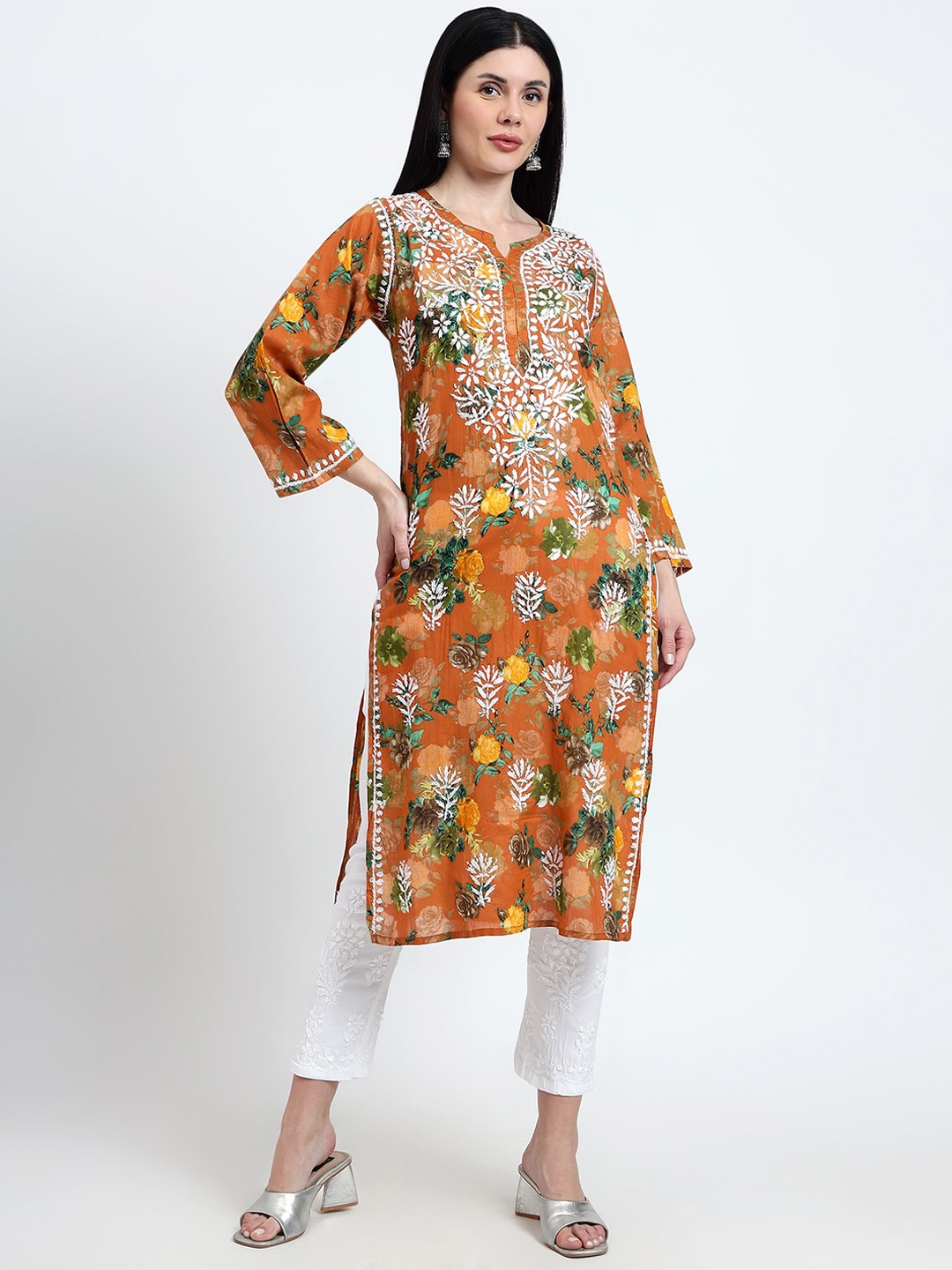 

Rosecloud Ethnic Motifs Embroidered Notch Neck Straight Chikankari Kurta With Trousers, Brown