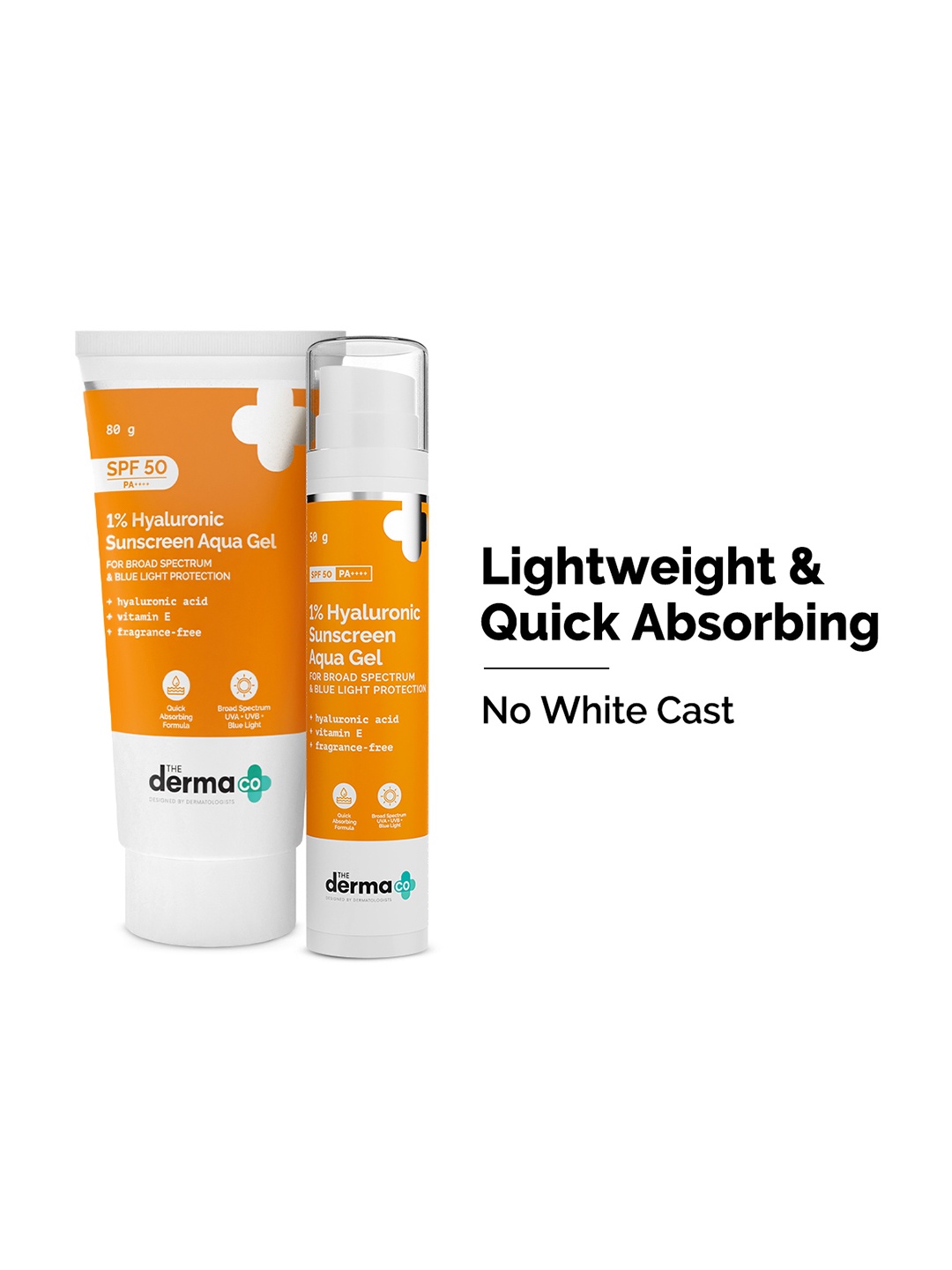 

The Derma co. Set of 2 Hyaluronic SPF 50 Sunscreen Aqua Ultra Light Gel - 50 g & 80 g, Orange