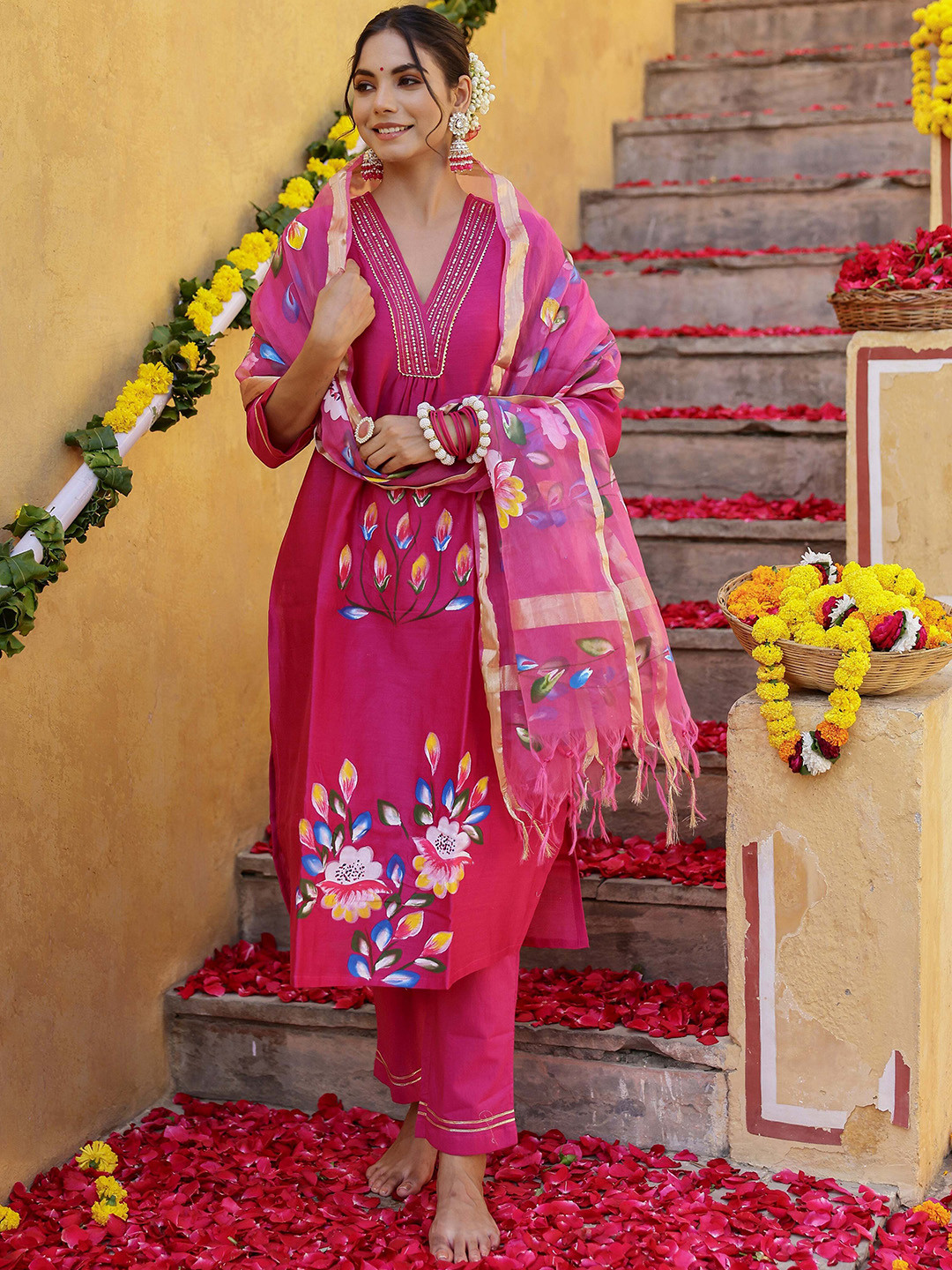 

KALINI Floral Printed V-Neck Three-Quarter Sleeves Kurta with Trousers & With Dupatta, Pink