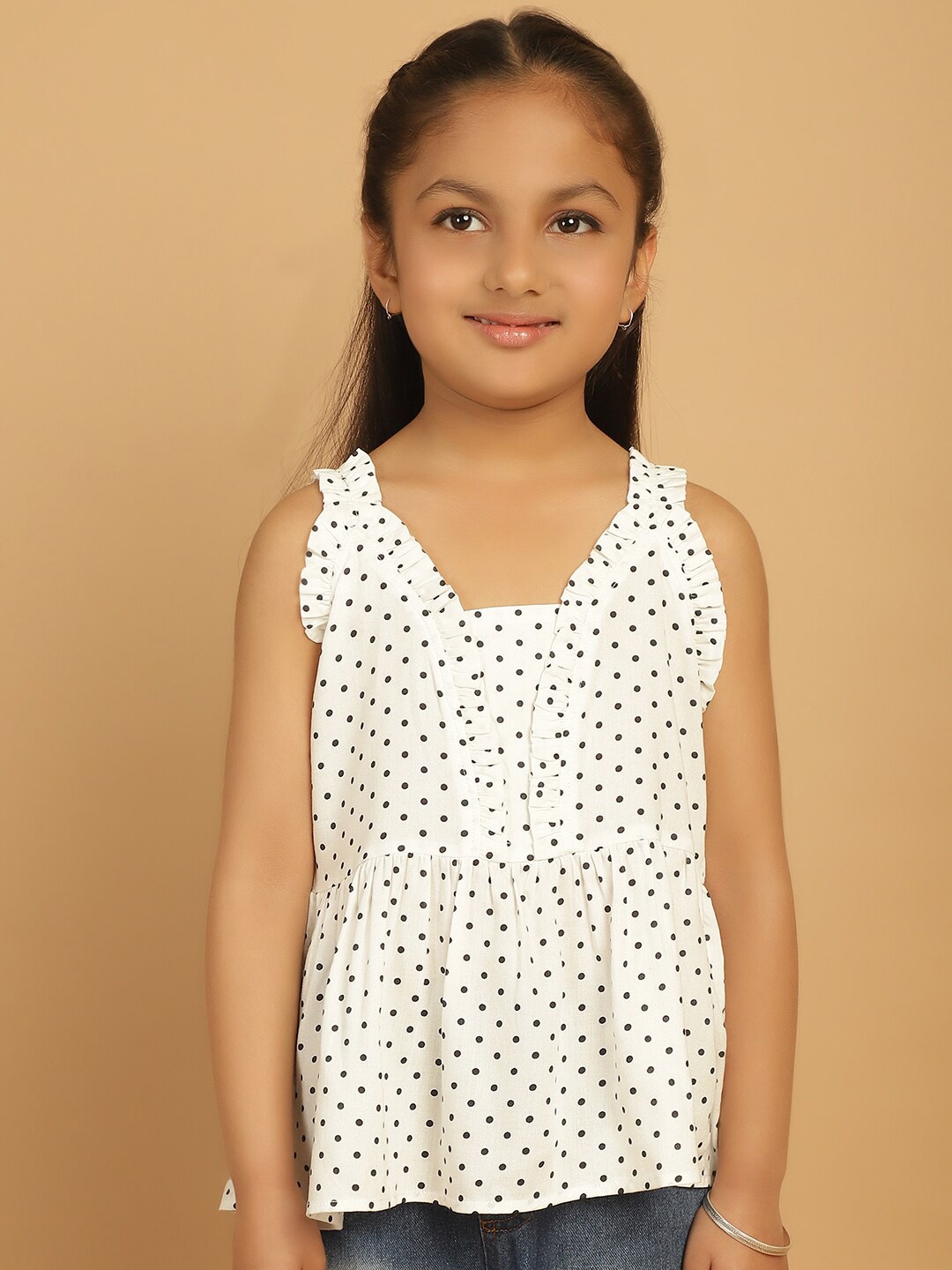 

MINI & MING Girls Polka Dot Print Shoulder Straps Peplum Top, White