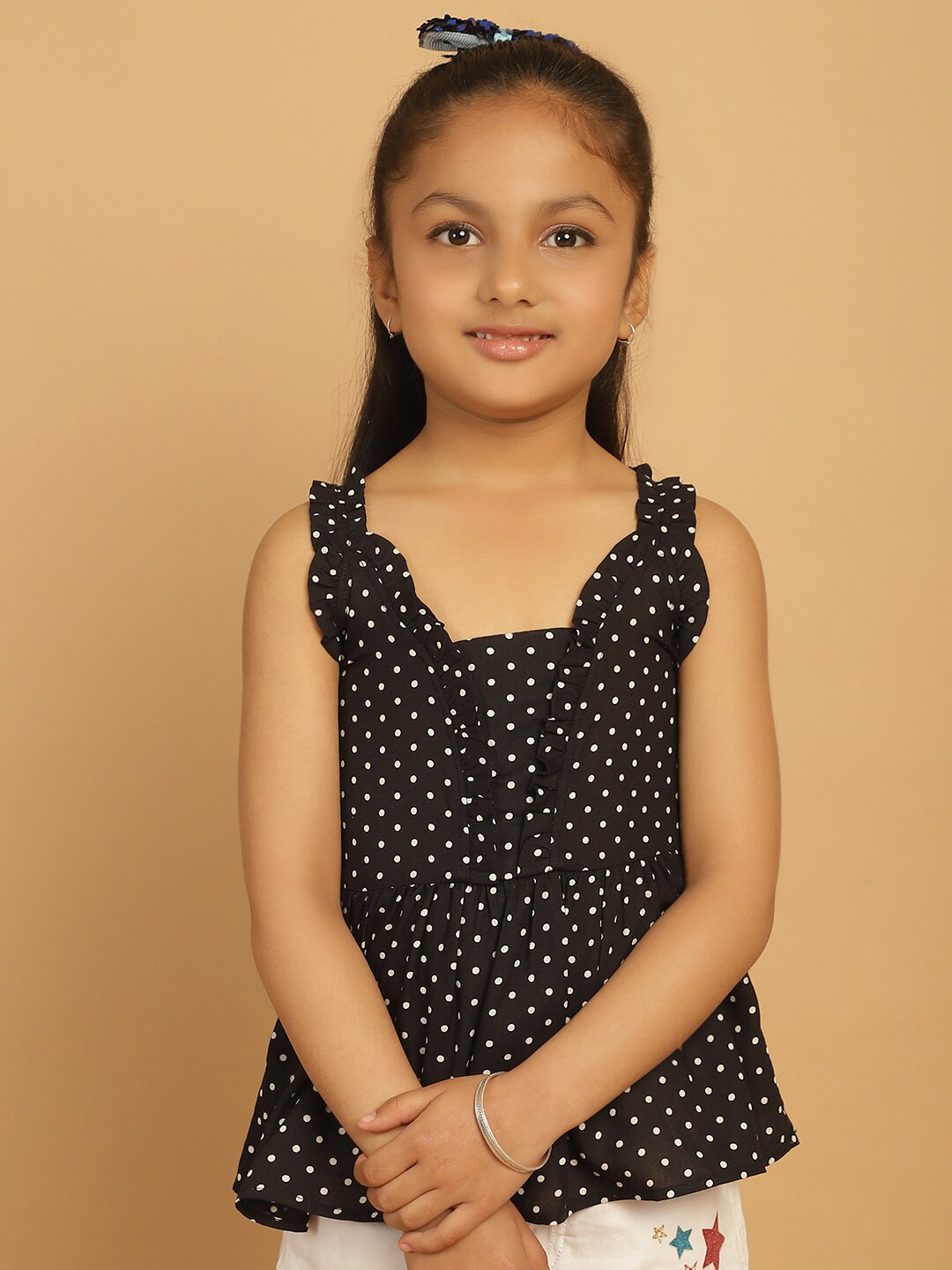 

MINI & MING Girls Polka Dot Print Shoulder Straps Top, Black