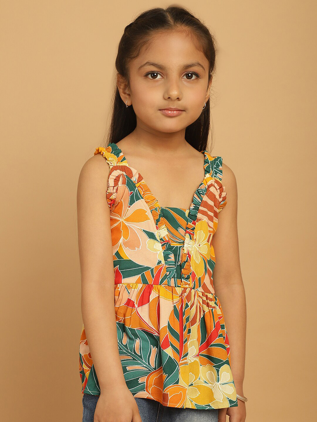 

MINI & MING Girls Floral Print Shoulder Straps Top, Blue