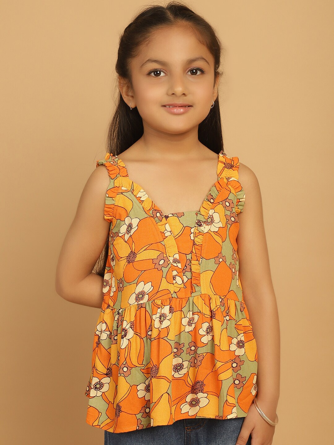 

MINI & MING Girls Floral Print Shoulder Straps Top, Yellow