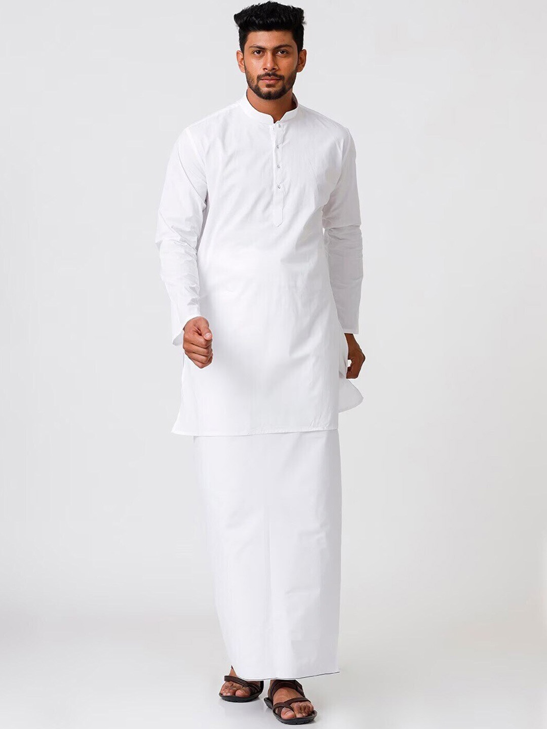 

Ramraj Mandarin Collar Pure Cotton Kurta With Veshti, White