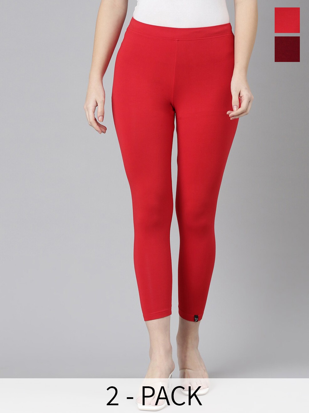 

Twin Birds Pack Of 2 Women Solid Skinny Fit High Ankle Cropped Leggings, Red