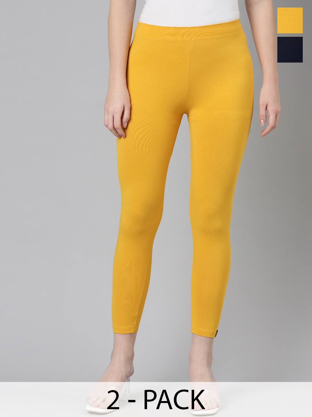 

Twin Birds Pack Of 2 Women Solid Skinny Fit High Ankle Cropped Leggings, Yellow