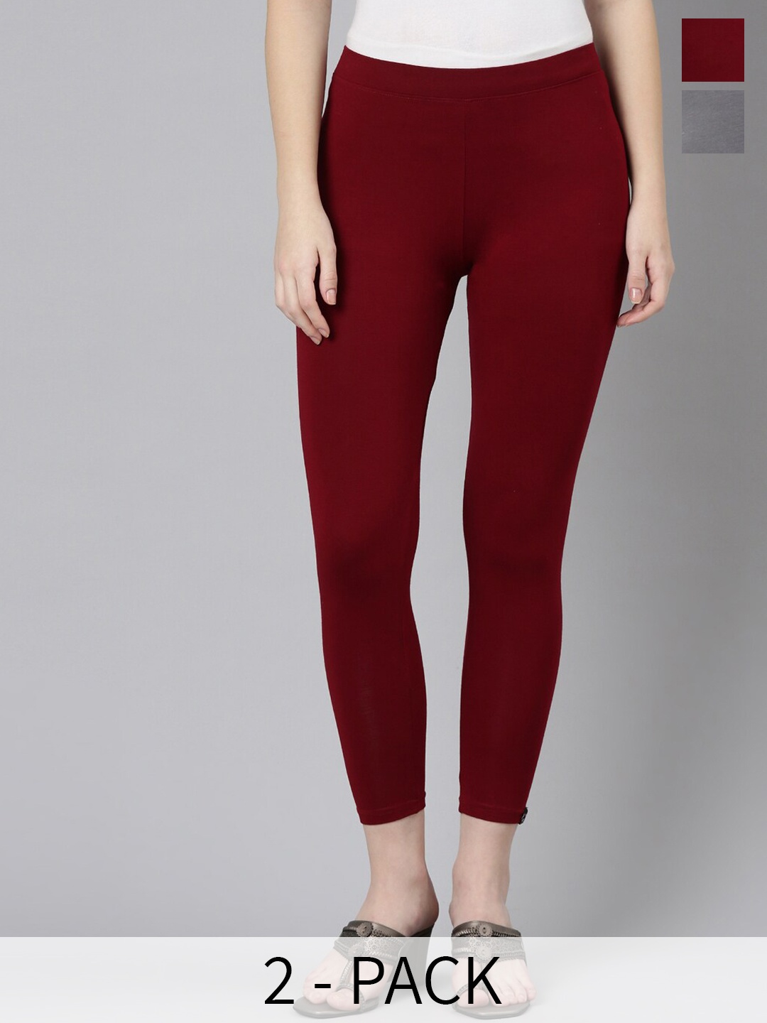 

Twin Birds Pack Of 2 Women Solid Skinny Fit High Ankle Cropped Leggings, Maroon