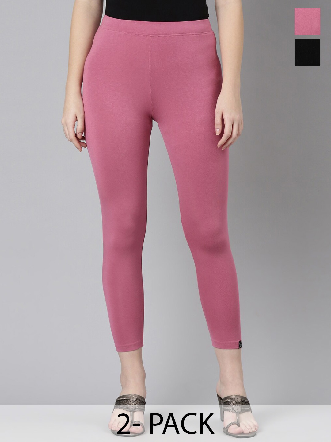 

Twin Birds Pack Of 2 Women Solid Skinny Fit High Ankle Cropped Leggings, Mauve