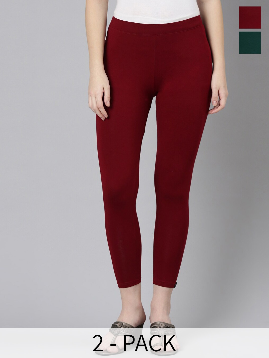 

Twin Birds Pack Of 2 Women Solid Skinny Fit High Ankle Cropped Leggings, Maroon