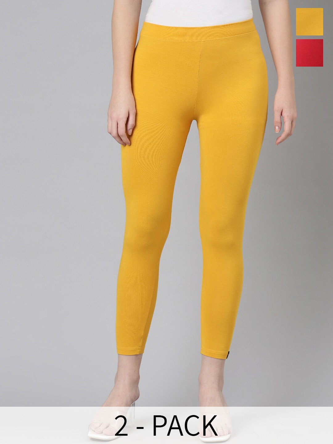 

Twin Birds Pack Of 2 Women Solid Skinny Fit High Ankle Cropped Leggings, Yellow