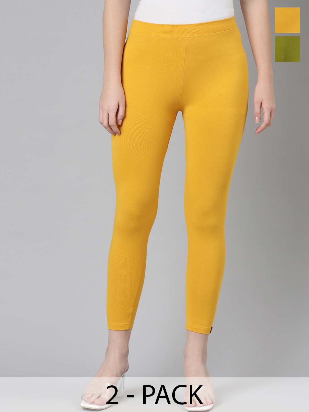 

Twin Birds Pack Of 2 Women Solid Skinny Fit High Ankle Cropped Leggings, Yellow