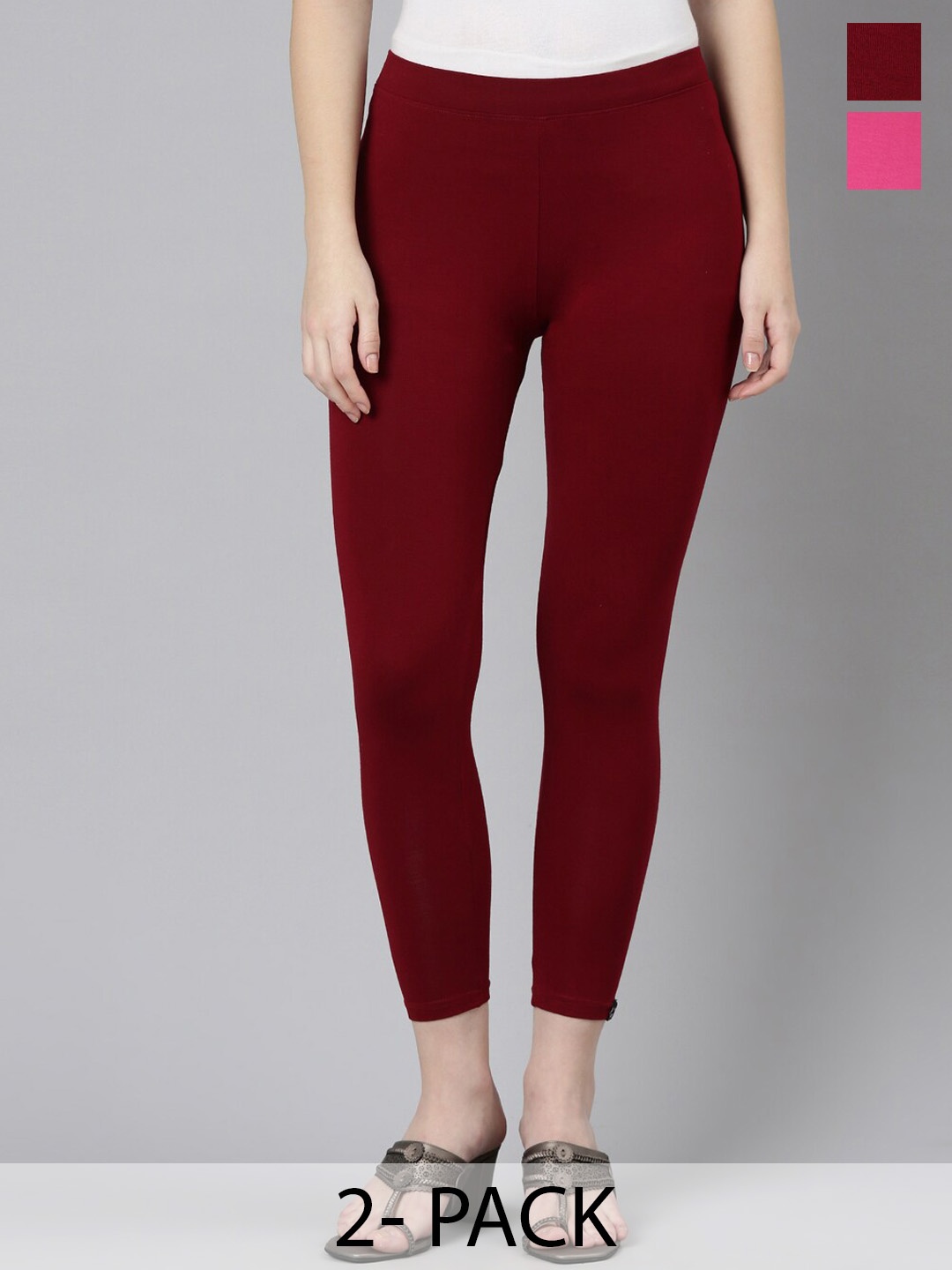 

Twin Birds Pack Of 2 Women Solid Skinny Fit High Ankle Cropped Leggings, Maroon