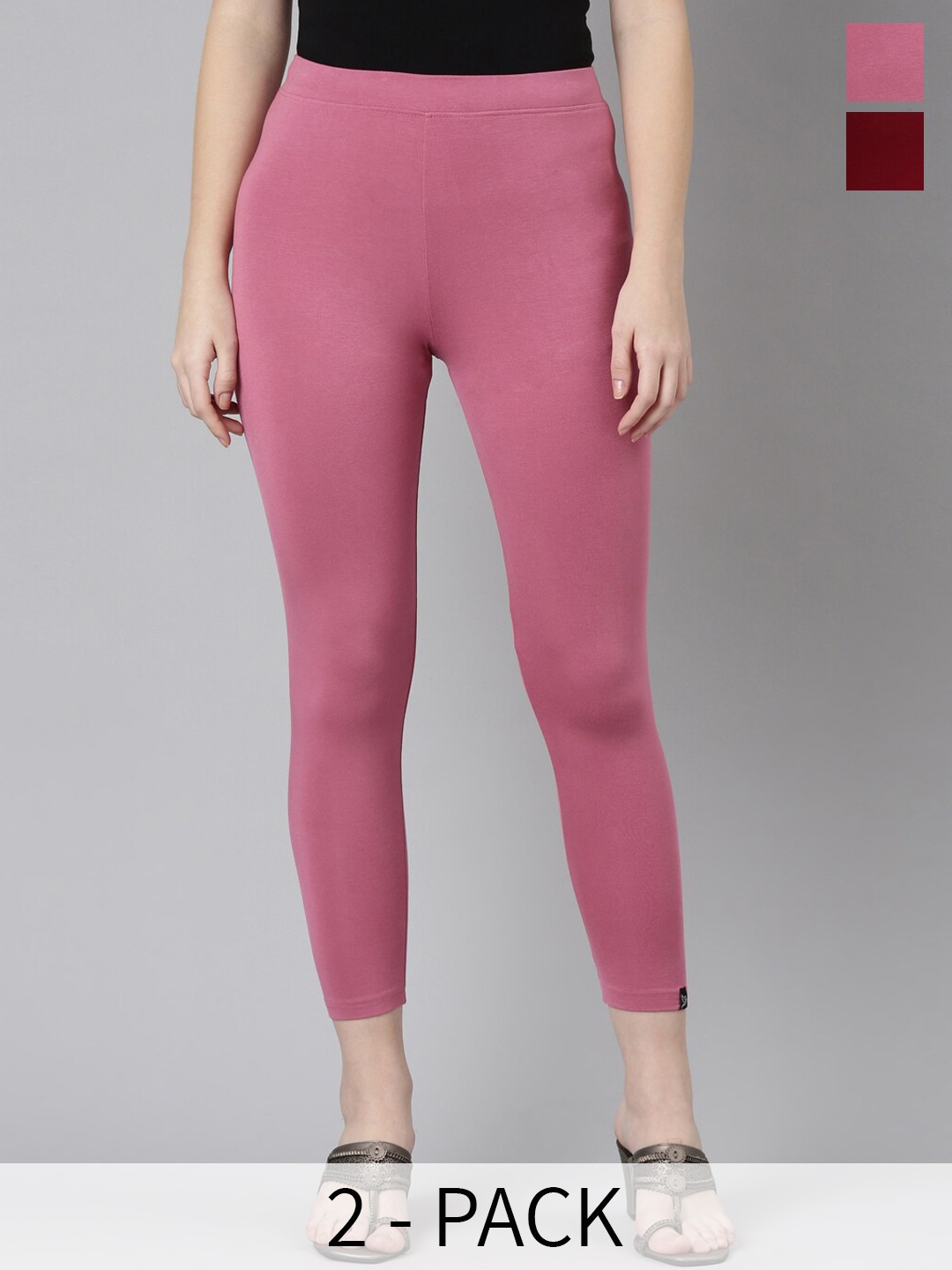 

Twin Birds Pack Of 2 Women Solid Skinny Fit High Ankle Cropped Leggings, Mauve