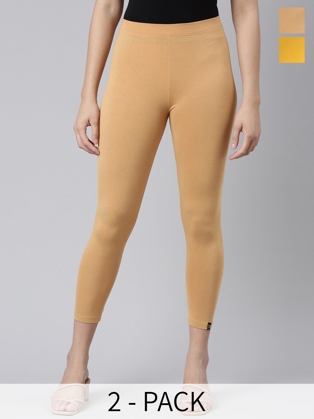 

Twin Birds Pack Of 2 Women Solid Skinny Fit High Ankle Cropped Leggings, Beige