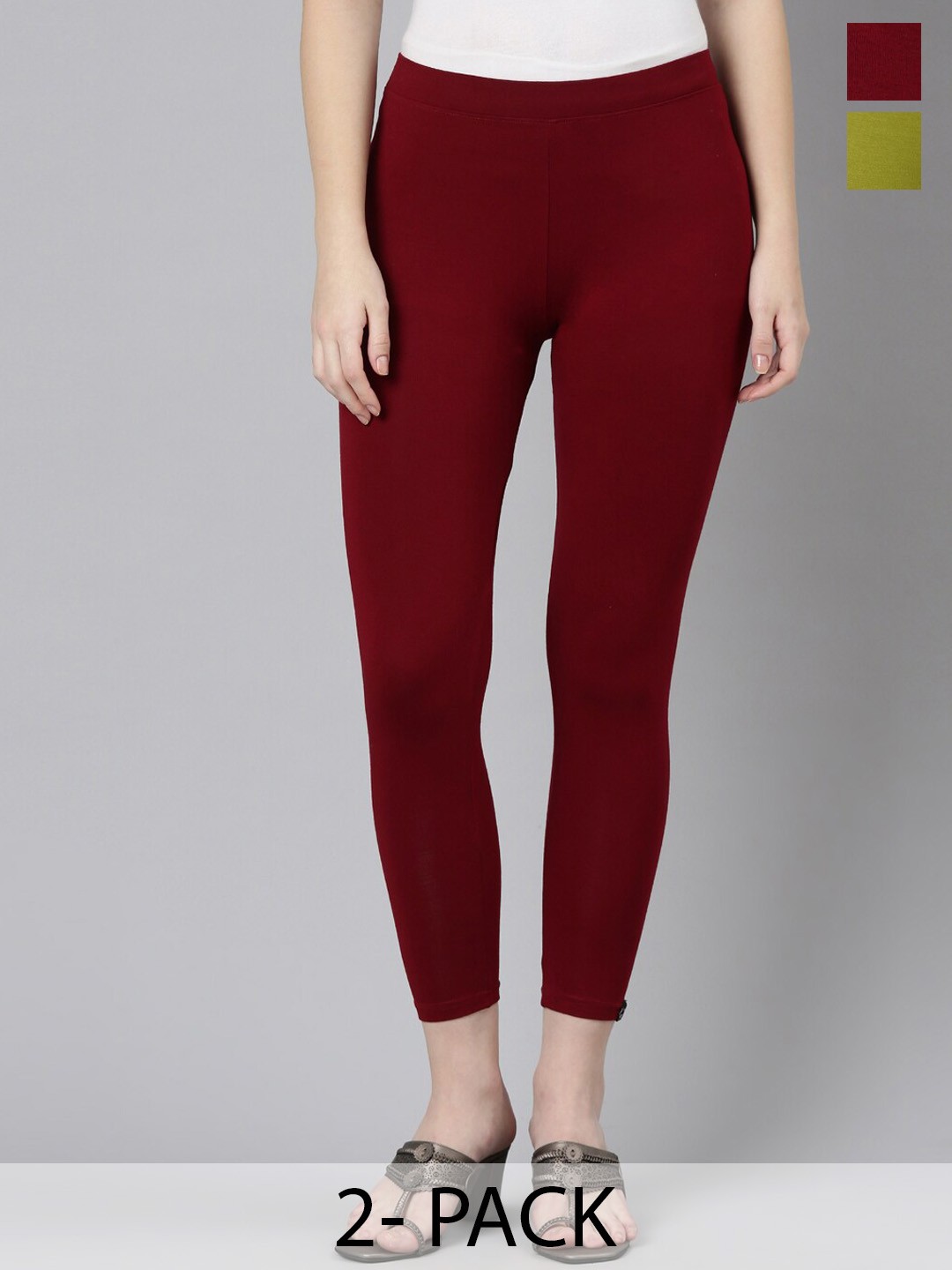 

Twin Birds Pack Of 2 Women Solid Skinny Fit High Ankle Cropped Leggings, Maroon
