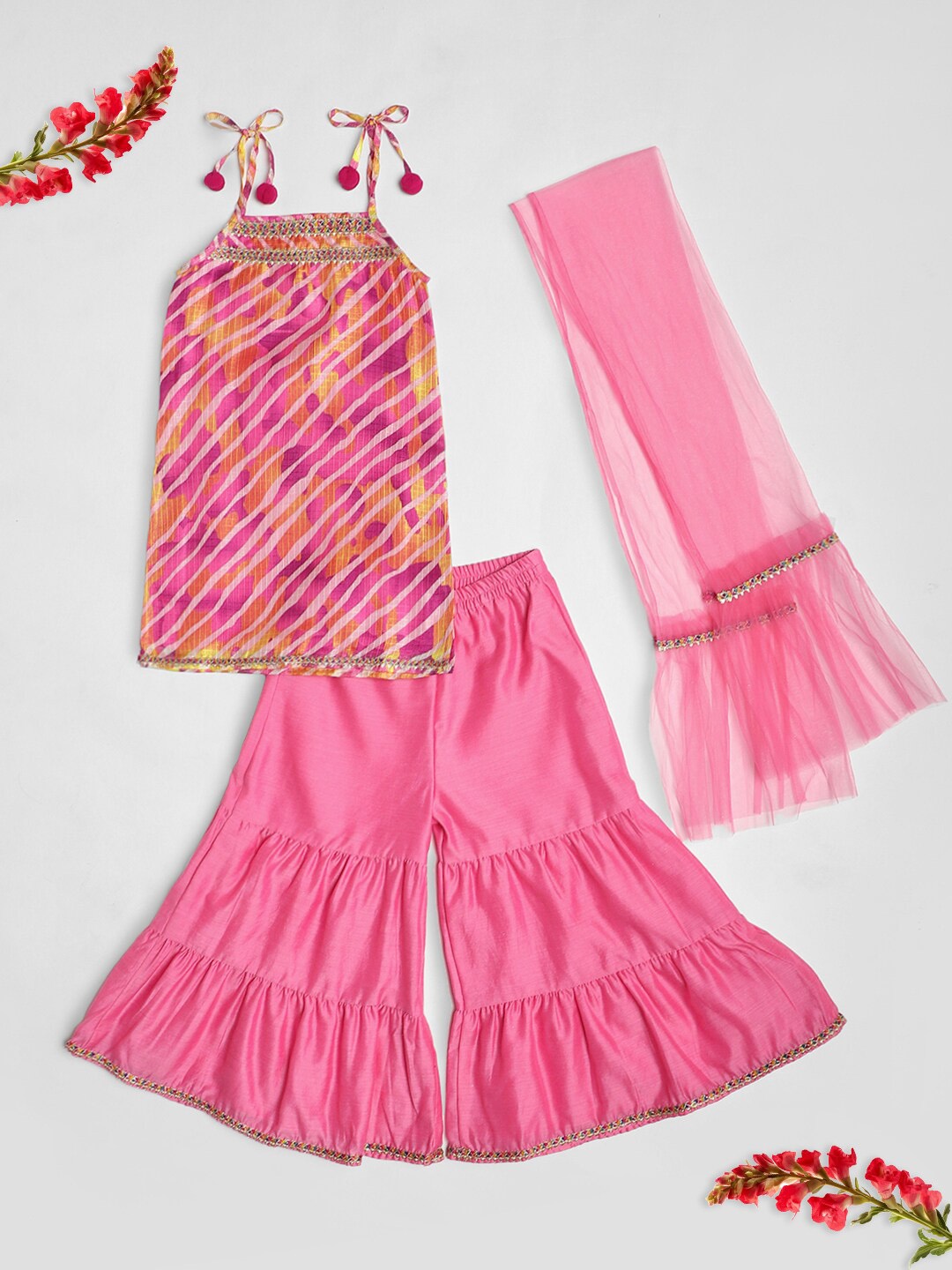 

Nauti Nati Girls Leheriya Printed Shoulder Straps Gotta Patti Kurti with Sharara & Dupatta, Pink