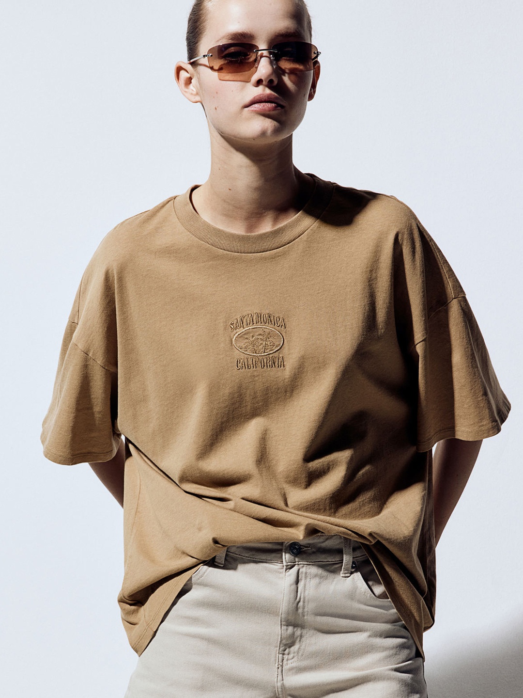 

H&M Pure Cotton Oversized Motif-Detail T-shirt, Beige