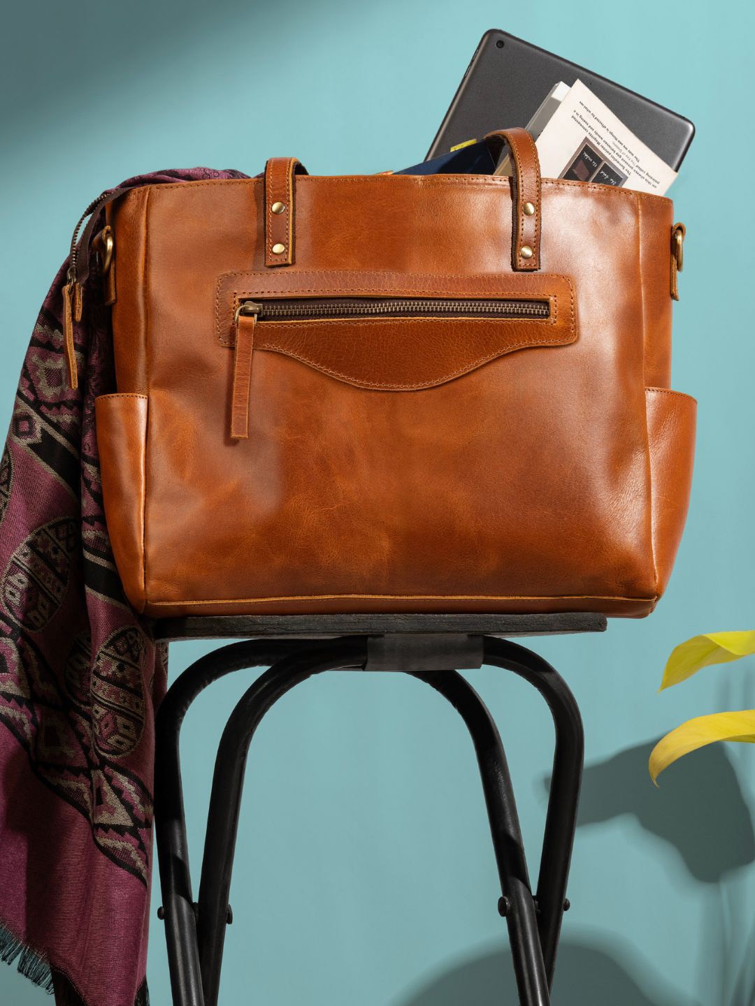 

MaheTri Leather Oversized Structured Handheld Bag, Tan