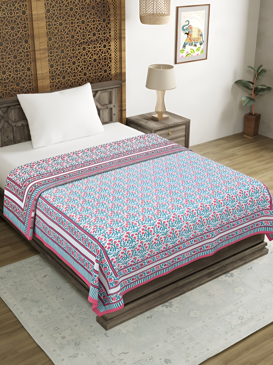 

BLOCKS OF INDIA Turquoise Blue & White Floral Cotton AC Room 150 GSM Bed Dohar