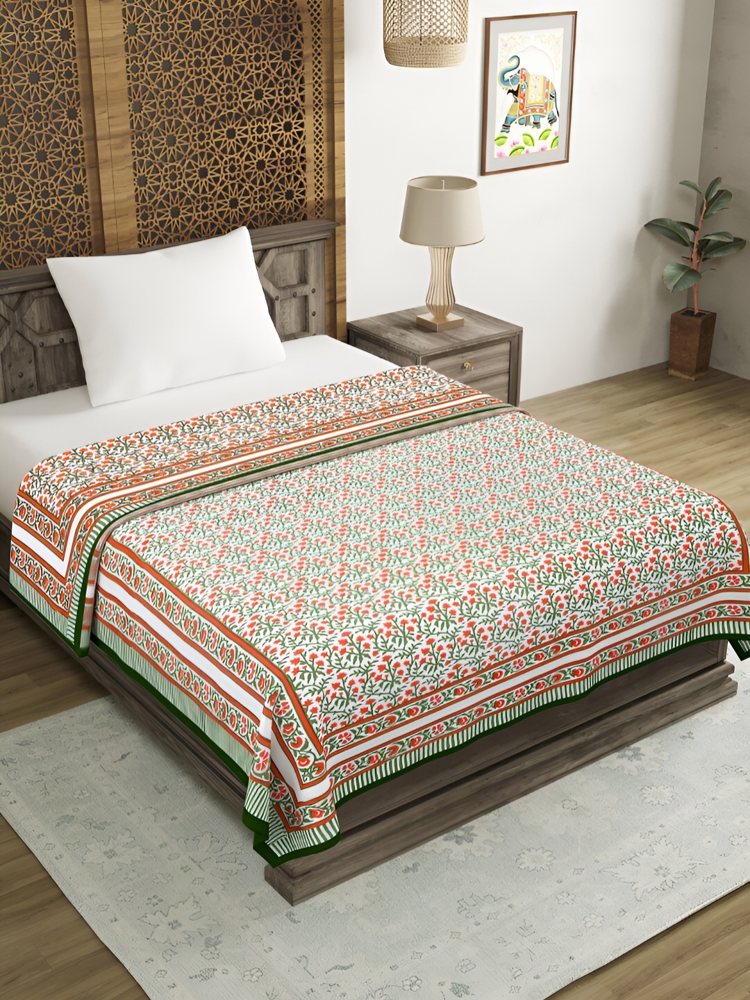 

BLOCKS OF INDIA White & Red Floral Cotton AC Room 150 GSM Bed Dohar