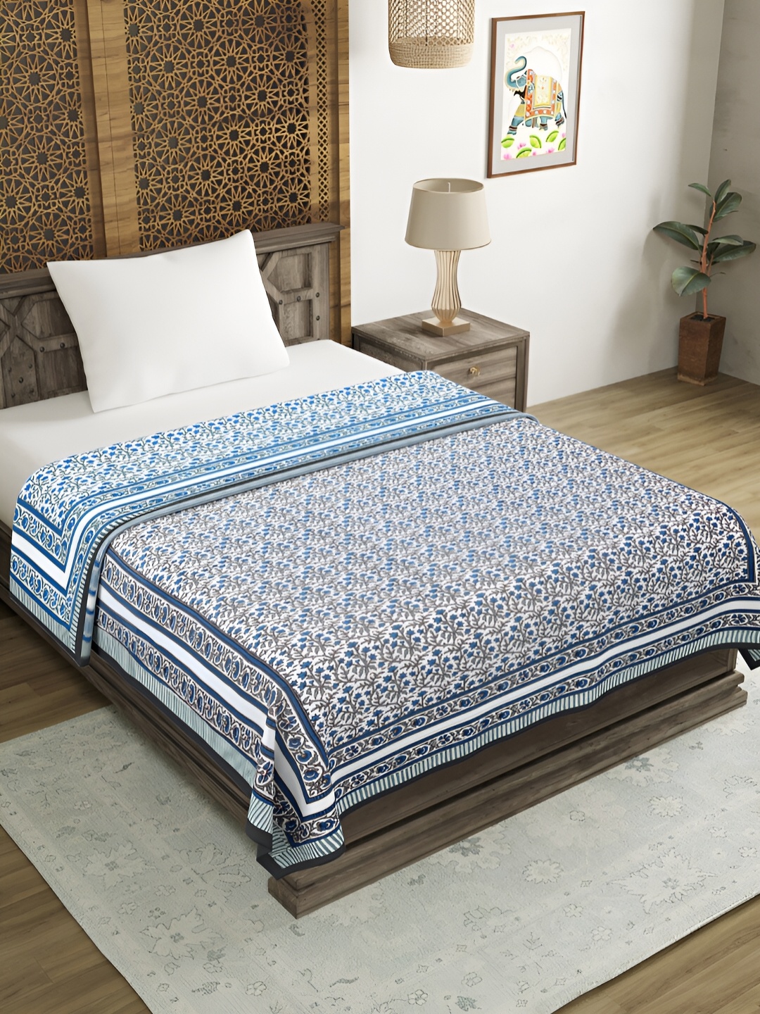

BLOCKS OF INDIA Blue & White Floral Cotton AC Room 150 GSM Bed Dohar