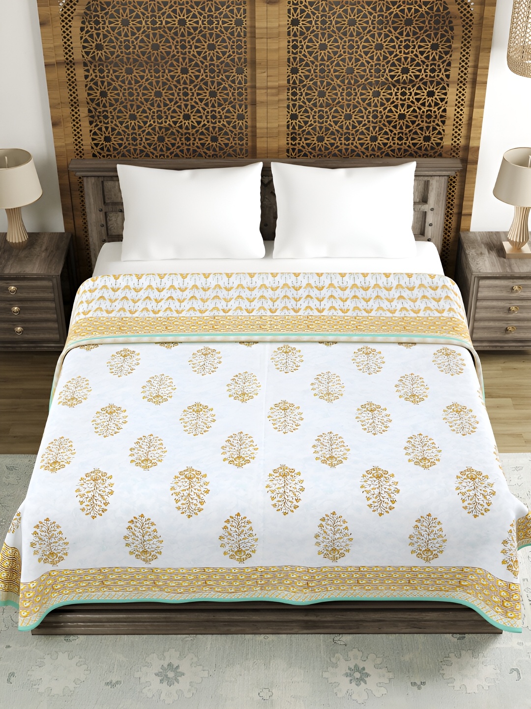 

BLOCKS OF INDIA White & Brown Ethnic Motifs Cotton AC Room 150 GSM Double Bed Dohar