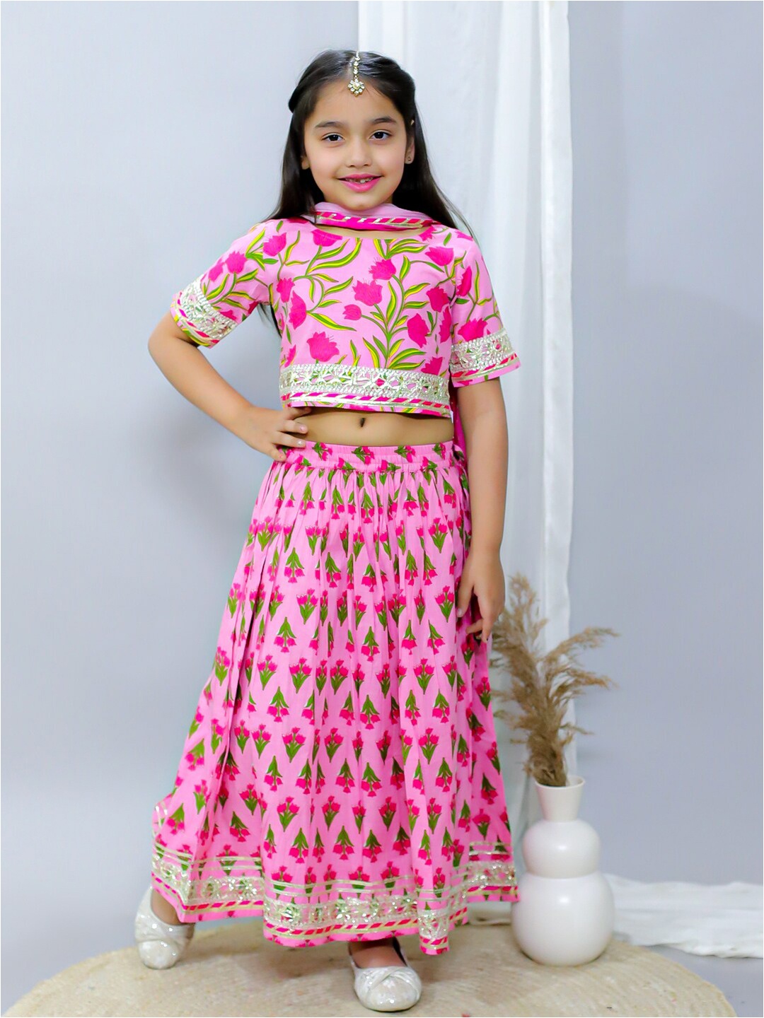 

Ka-mee Girls Printed Ready to Wear Lehenga & Choli With Dupatta, Pink