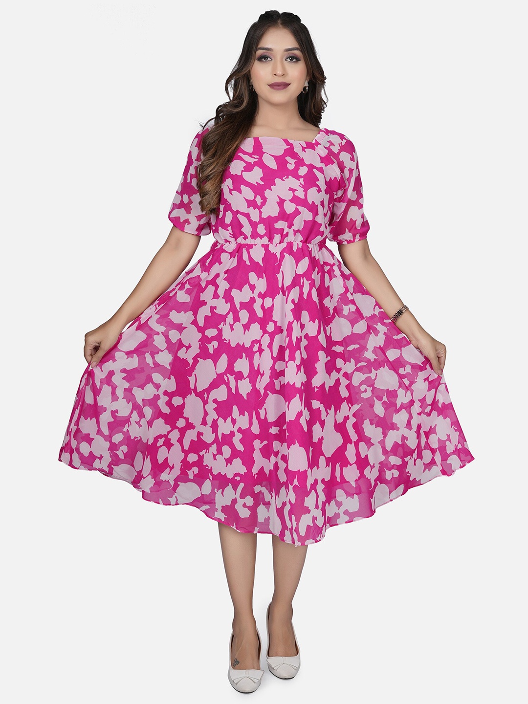 

Fashion2wear Abstract Print Round Neck Georgette Fit & Flare Midi Dress, Pink